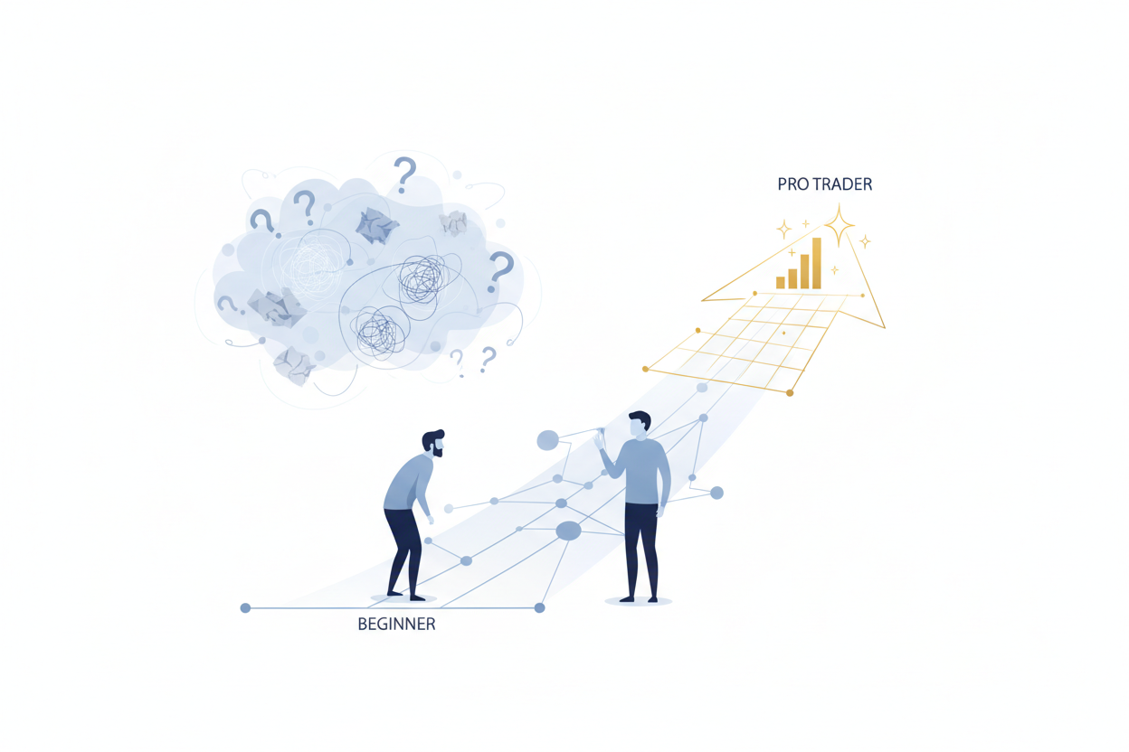 Crea una imagen minimalista que corresponda a este texto: Te ha pasado que intentas aprender trading por tu cuenta y te sientes abrumado por tanta información contradictoria?La oferta educativa Mind Trade y cómo está diseñada para llevar al alumno “de cero a trader profesional”